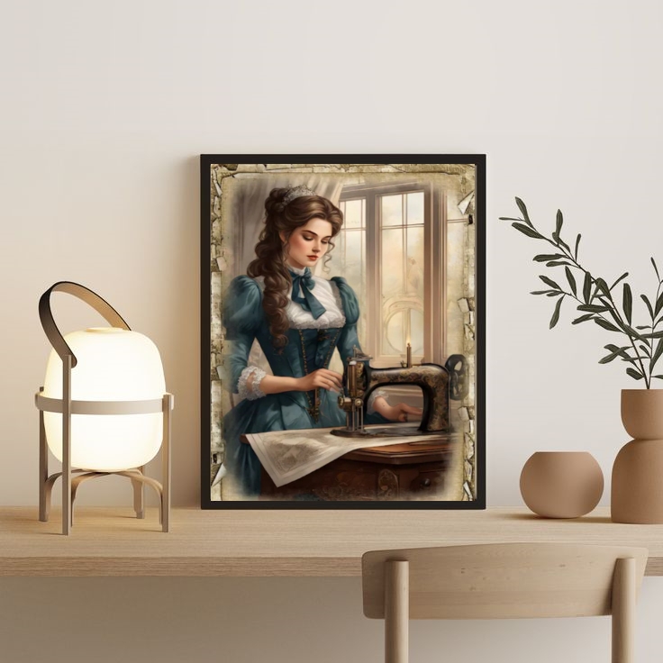 Quadro Decorativo Vintage Mulher Costurando