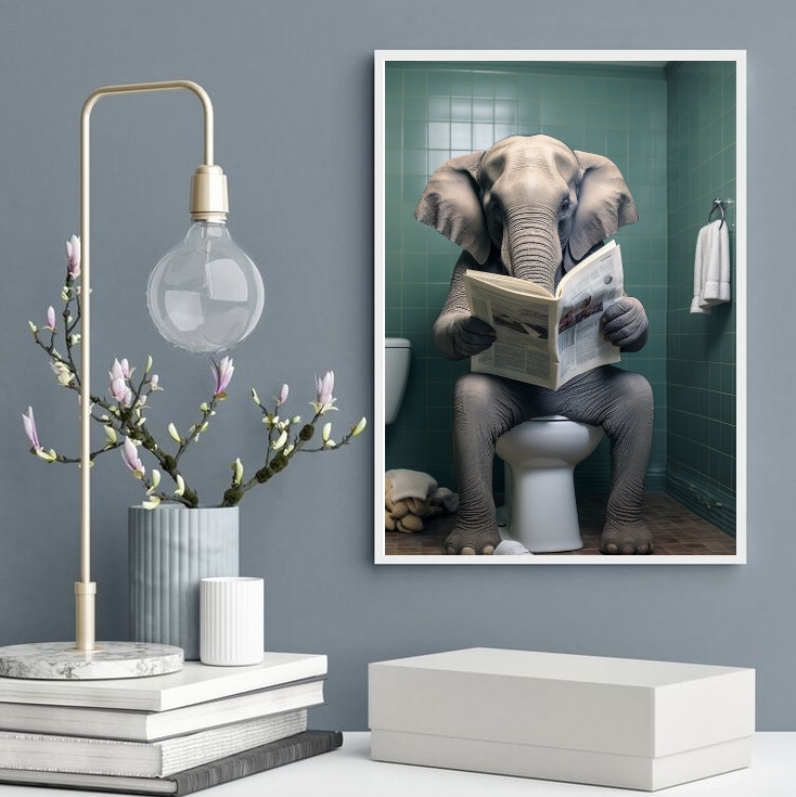 Quadro Elefante No Banheiro Lendo Jornal