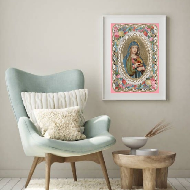 Quadro Sagrado Coração De Maria Floral Vintage- 60x48 cm