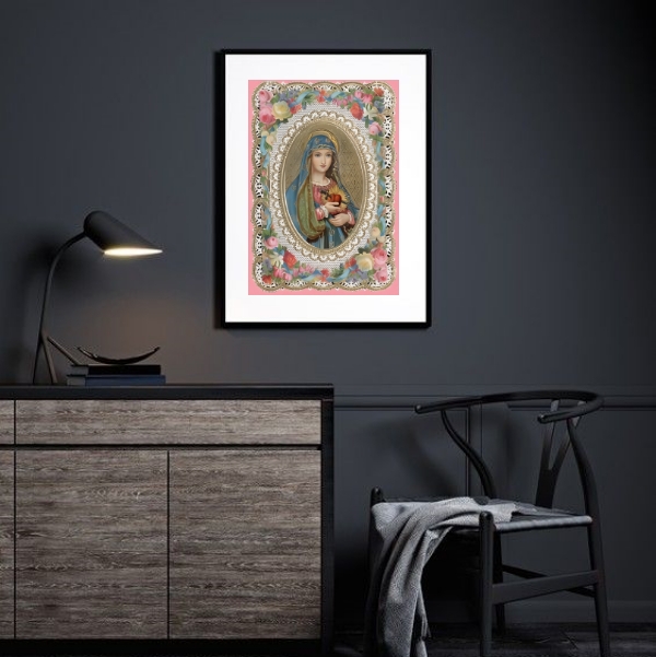 Quadro Sagrado Coração De Maria Floral Vintage- 60x48 cm