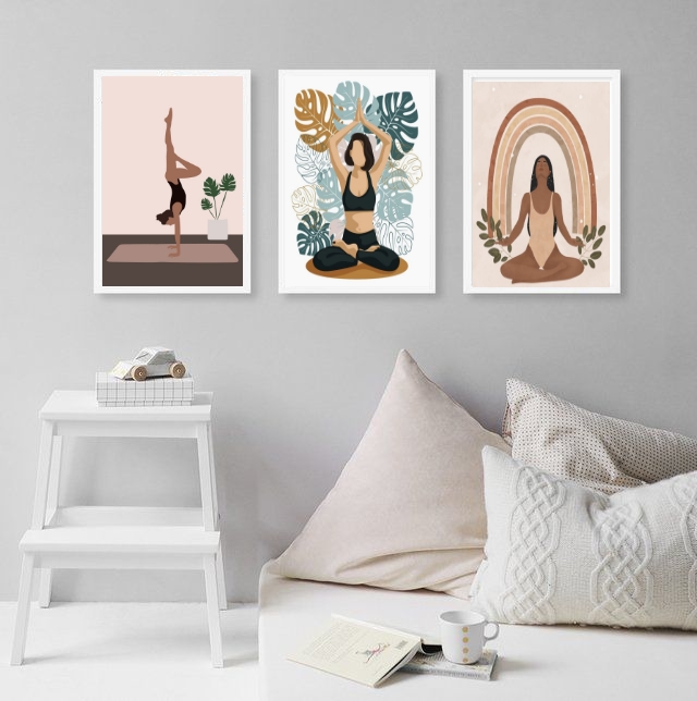 Kit 3 Quadros Decorativos Yoga e Plantas