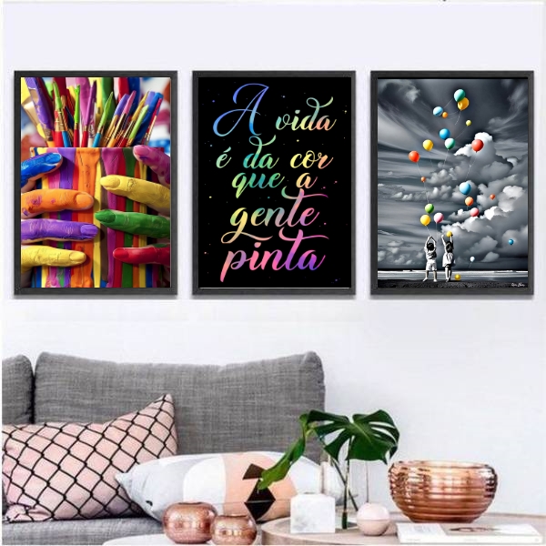 Kit 3 Quadros a Vida é da Cor Que a Gente Pinta