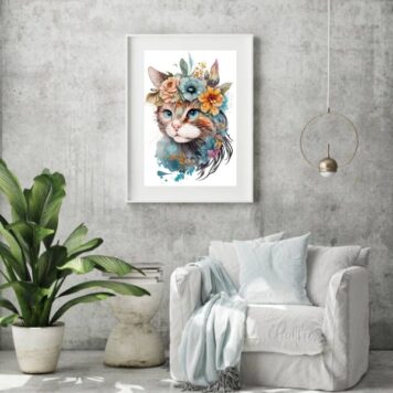 Quadro Aquarela Gato Flores- 60x48 Cm
