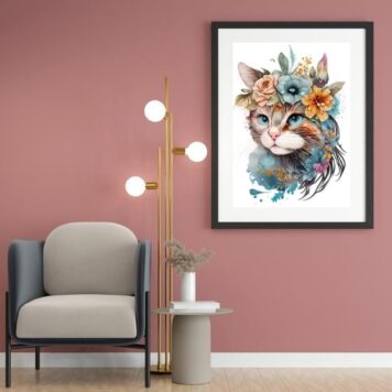 Quadro Aquarela Gato Flores- 60x48 Cm