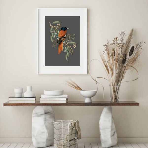 Quadro Passarinho Fundo Cinza - 60x48 Cm
