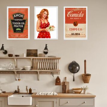 Kit 3 Quadros Cozinha Vintage Vermelha B