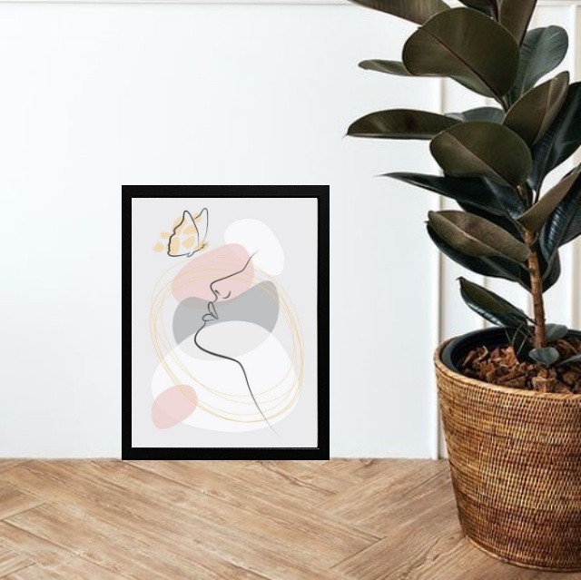 Quadro Abstrato Mulher Borboletas Rosa e Cinza
