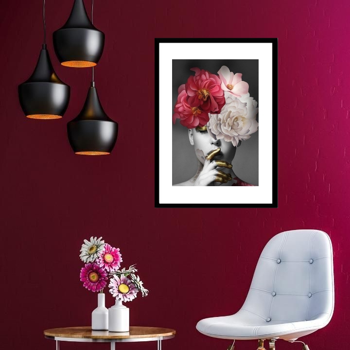Quadro Moderno Mulher Cabeça Flores - 60x48 Cm