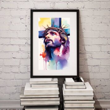 Quadro Jesus Cruz Aquarela- 60x48 Cm B