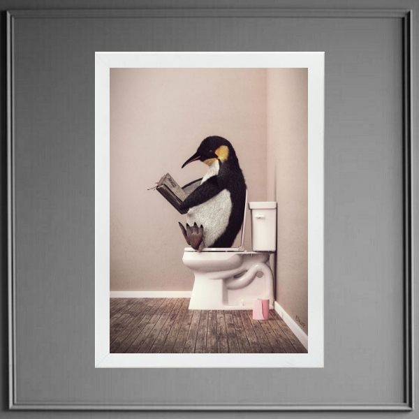 Quadro Pinguim No Banheiro Lendo Jornal