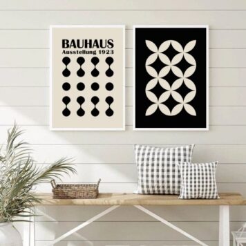 Kit 2 Quadros Abstratos Bauhaus - Preto e Bege B