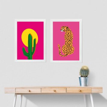 Kit 2 Quadros Rosa Pink - Leopardo e Cacto B