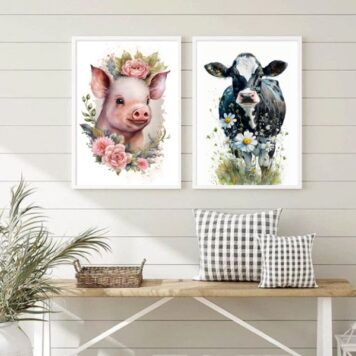 Kit 2 Quadros Vaquinha e Porquinho Floral B