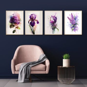 Kit 4 Quadros Florais Roxos Aquarela B