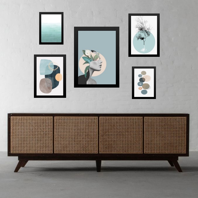 Composição 5 quadros Modernos Sala Verde Água