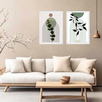 Kit 2 Quadros Abstratos Boho Folhas Soft B