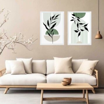 Kit 2 Quadros Modernos Boho Verde Folha B