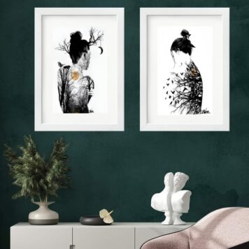Kit 2 Quadros Mulher Árvore Lua - 60x48 Cm