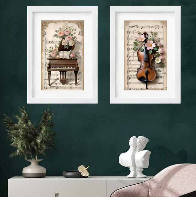 Kit 2 Quadros Piano e Violino - 60x48 Cm