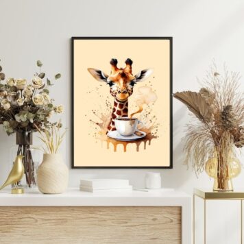 Quadro Girafa Com Café - Aquarela B