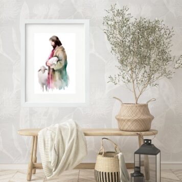 Quadro Jesus Com Cordeiros Aquarela - 60x48 Cm B