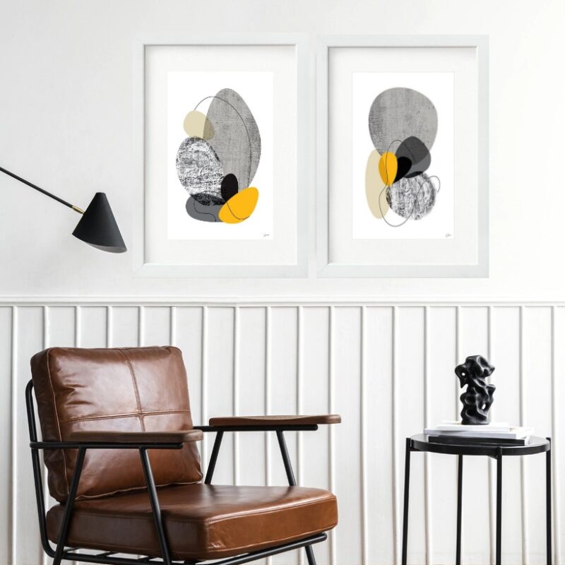 kit 2 Quadros Abstratos Cinza e Amarelo - 60x48 Cm B