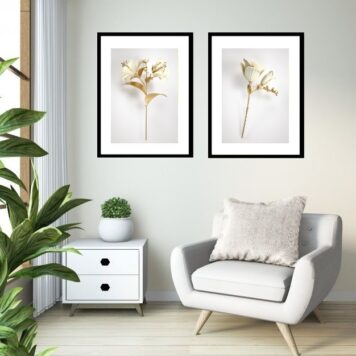 kit 2 Quadros Grandes Flores Branca Dourado- 60x48 Cm B