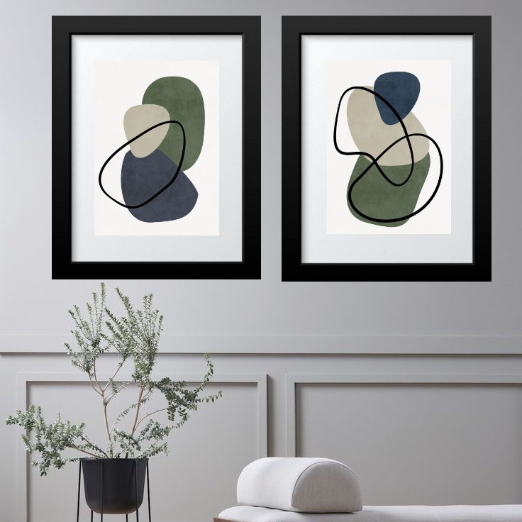kit 2 Quadros Grandes Verde Bege Cinza - 60x48 Cm