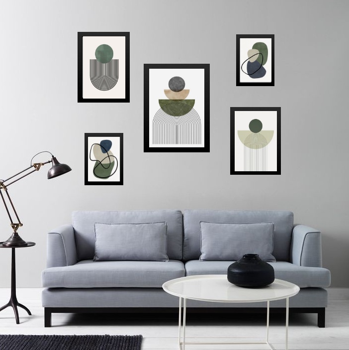 kit 5 quadros Abstratos Verde Bege Preto
