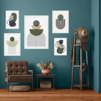 kit 5 quadros Abstratos Verde Bege Preto B