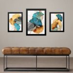 Set 3 Quadros Folhas Azul Com Dourado