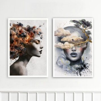 kit 2 Quadros Rosto De Mulher Com Flores B