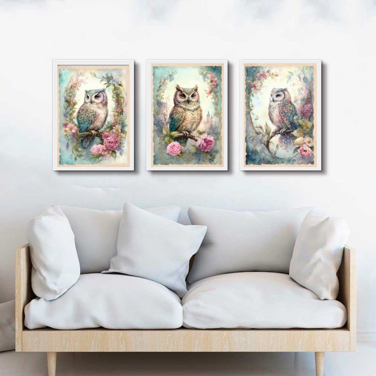 Kit 3 Quadros Decorativos Coruja Vintage B