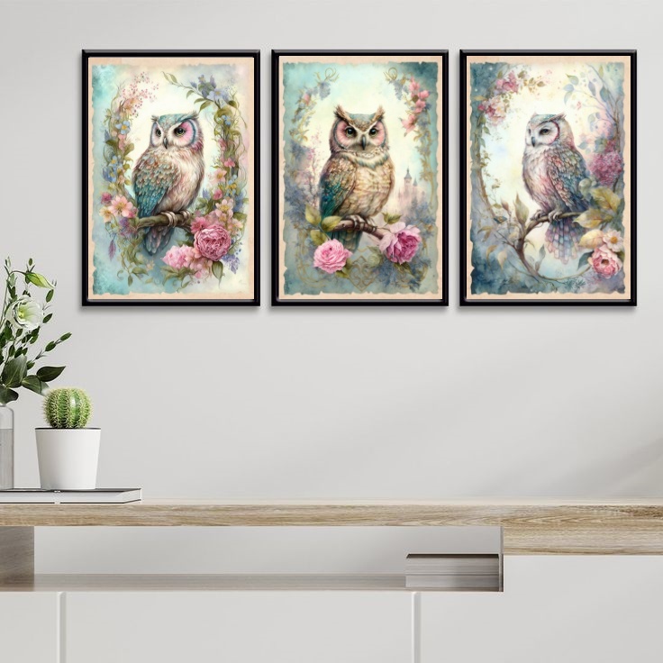 Kit 3 Quadros Decorativos Coruja Vintage