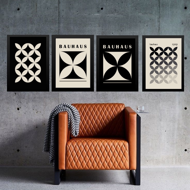 Kit 4 Quadros Bauhaus Bege Com Preto