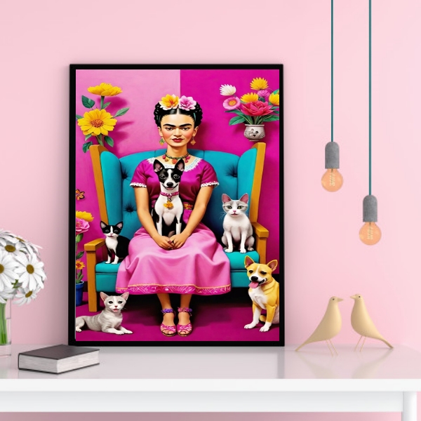 Quadro Decorativo Frida Com Cães e Gatos