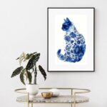 Quadro Gato Floral Azul - 60x48 Cm