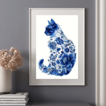 Quadro Gato Floral Azul - 60x48 Cm B