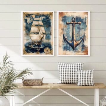 Kit 2 Quadros Arte Nautica - Barco e Âncora B