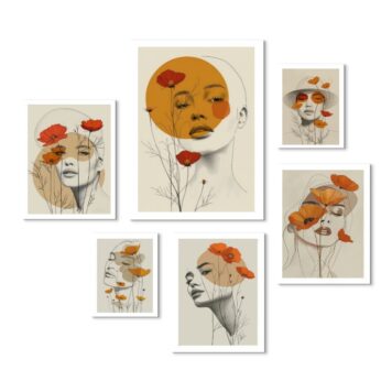 Kit 6 Quadros Mulheres Flores Laranja e Amarelo B