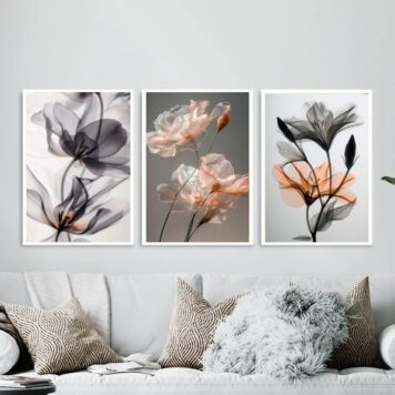 Kit 3 Quadros Florais Nuances Cinza e Laranja B