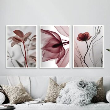 Kit 3 Quadros Modernas Flores Nuances Bordô B