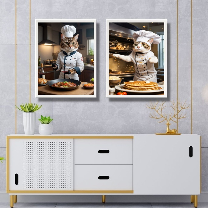 Kit 2 Quadros Cozinha Gatos Chefs