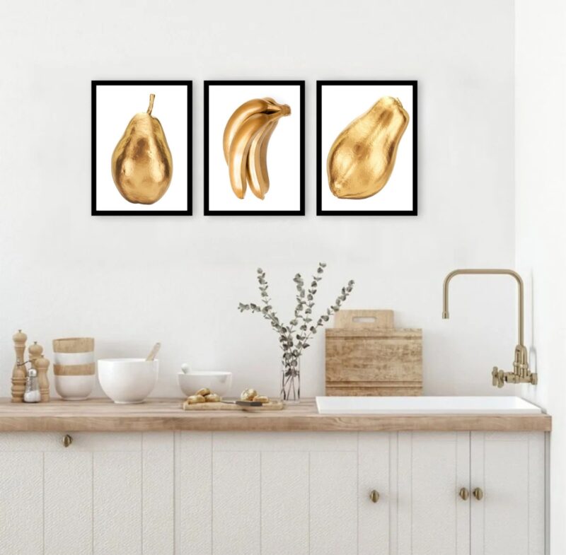 Kit 3 Quadros Cozinha Frutas Douradas b