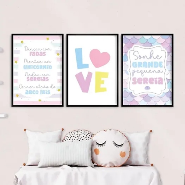 Kit 3 Quadros Infantis Menina - Fada Sereia Unicórnio