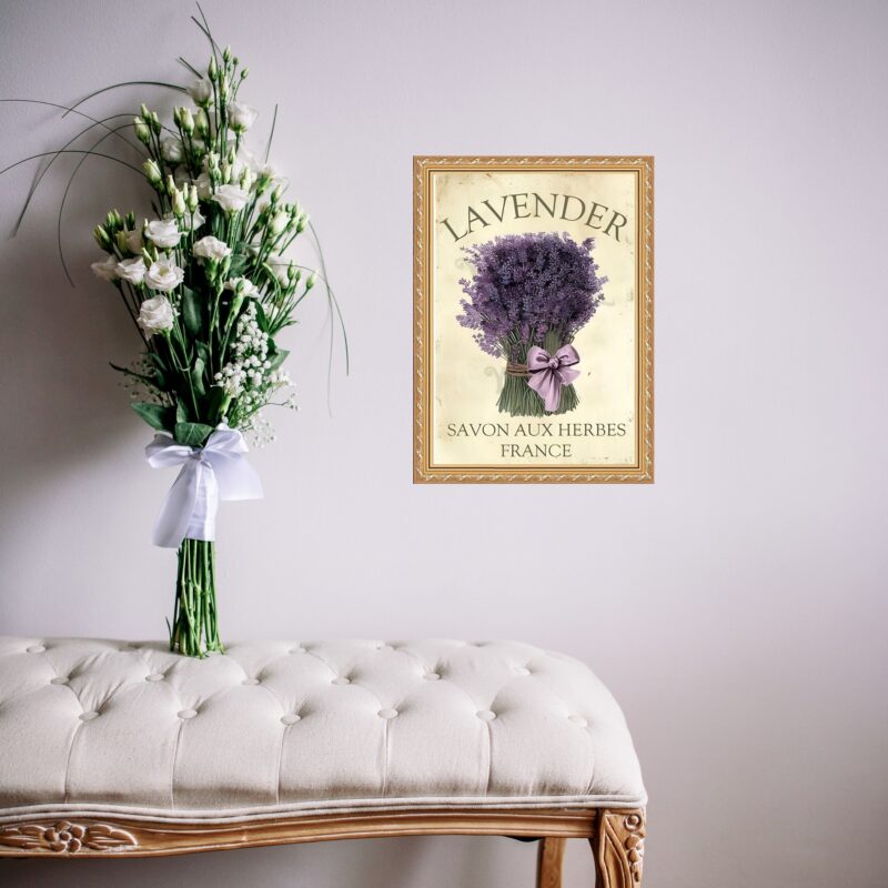 Quadro Moldura Dourada Buquê De Lavanda b