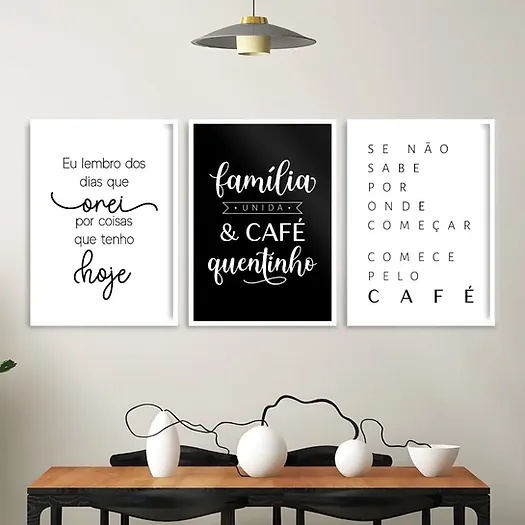 Kit 3 Quadros Decorativos Família e Café