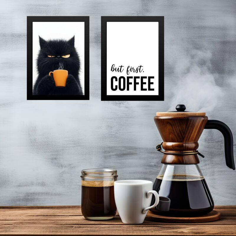 Kit 2 Quadros Café - Gato Emburrado