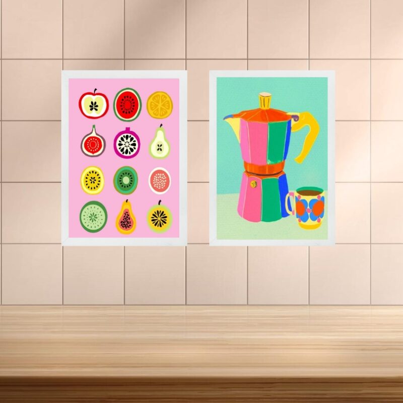 Kit 2 Quadros Coloridos Para Cozinha - Café e Frutas b