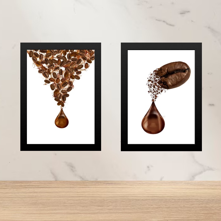 Kit 2 Quadros Gotas Grãos De Café